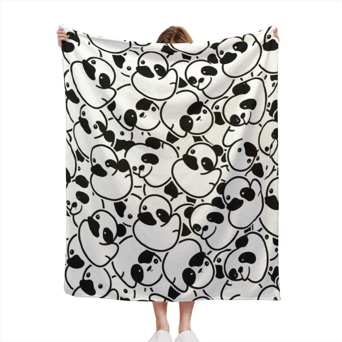 Black White Panda Print Throw Blanket, Cute Panda Animal Flannel Blanket, Trendy Neutral Aesthetic Bedroom Decor Blanket