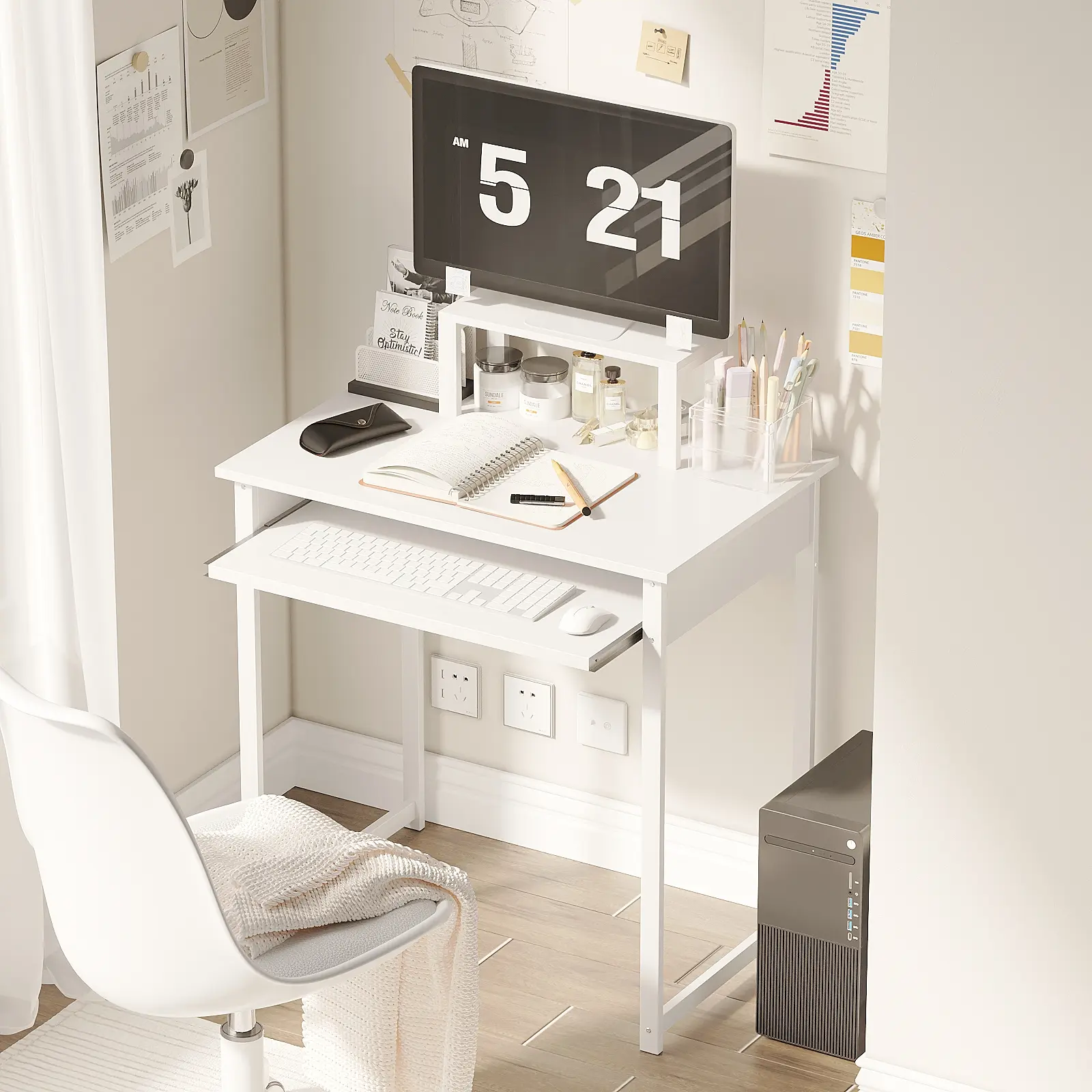 Modern Computer Desk with Monitor Stand and Keyboard Tray,Small Writing Study Table for Home Office,Space Saving Design,Simple Workstation for Bedroom & Living Room