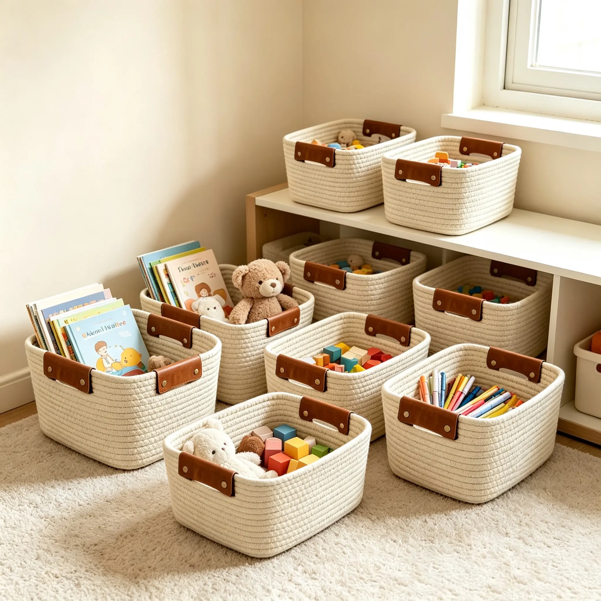 6-Pack Cotton Rope Storage Baskets with Leather Handles - Assorted Sizes Rectangular Collapsible Organiser Bins, Retro Look Multiple Bins for Shelves, Bathroom Home Organization