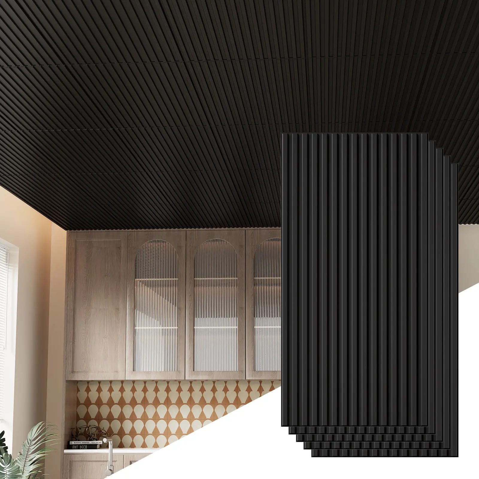 LooYee 6 PCS 24x48 Inch Slat Black Ceiling Tiles, 2x4 Ft Fluted Drop Ceiling Panels for Interior Decor PVC Waterproof Ideal for Bathroom Living Room Bedroom Office Commercial Spaces Cover 48 Sq.Ft