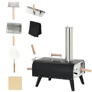 Pellet Wood Fired Pizza Oven Outdoor Pizza Maker with 12" Stone Peel and Waterproof Cover Portable Stainless Steel Foldable Legs Safe Anti-Scald Handles