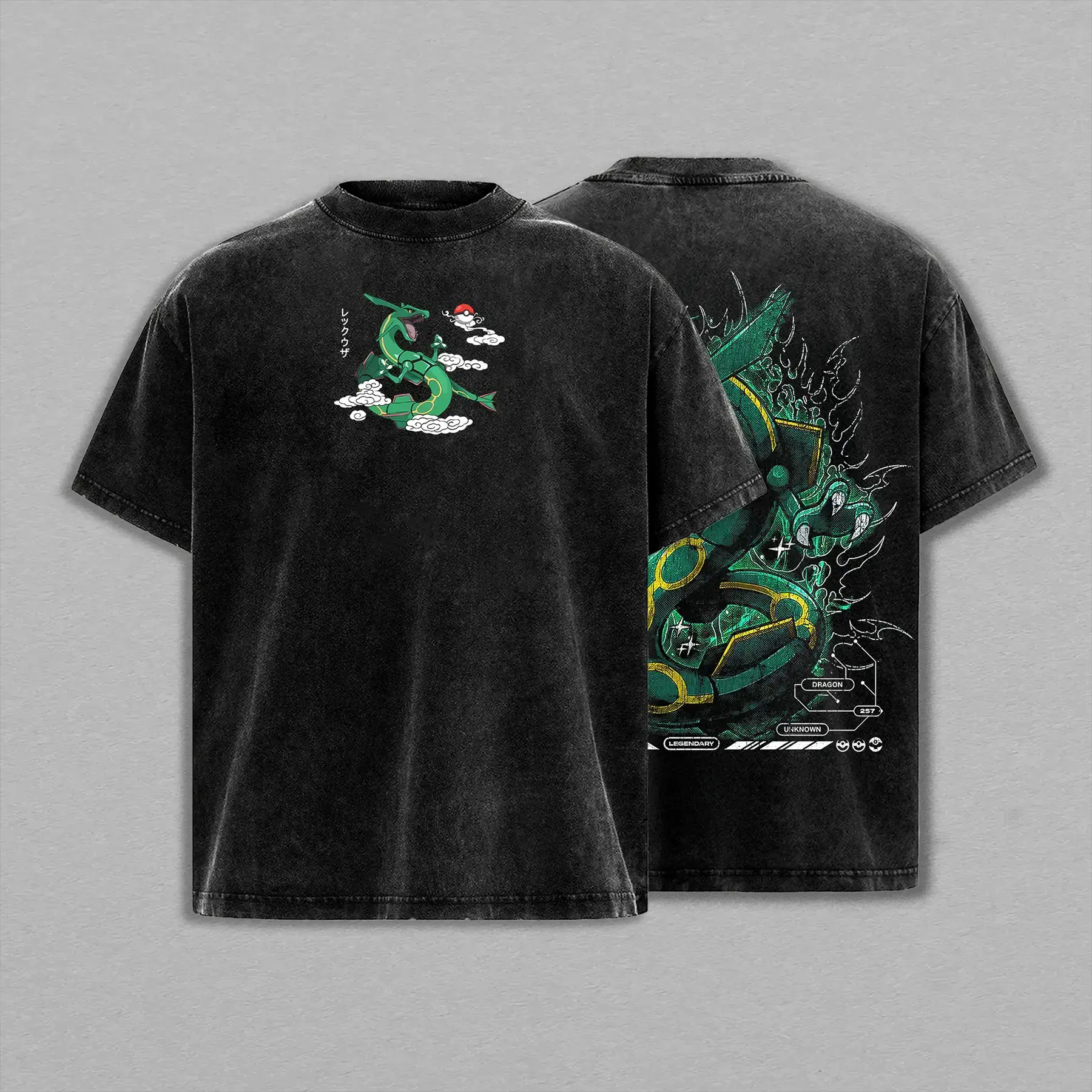 Men's Graphic Tee, Pocket Monsters Rayquaza Retro Vintage Streetwear - Unisex Oversized Baggy Fit Acid-Washed Heavyweight Cotton Casual Top for Anime Manga Lovers,clothes for back to school,first day of school outfits