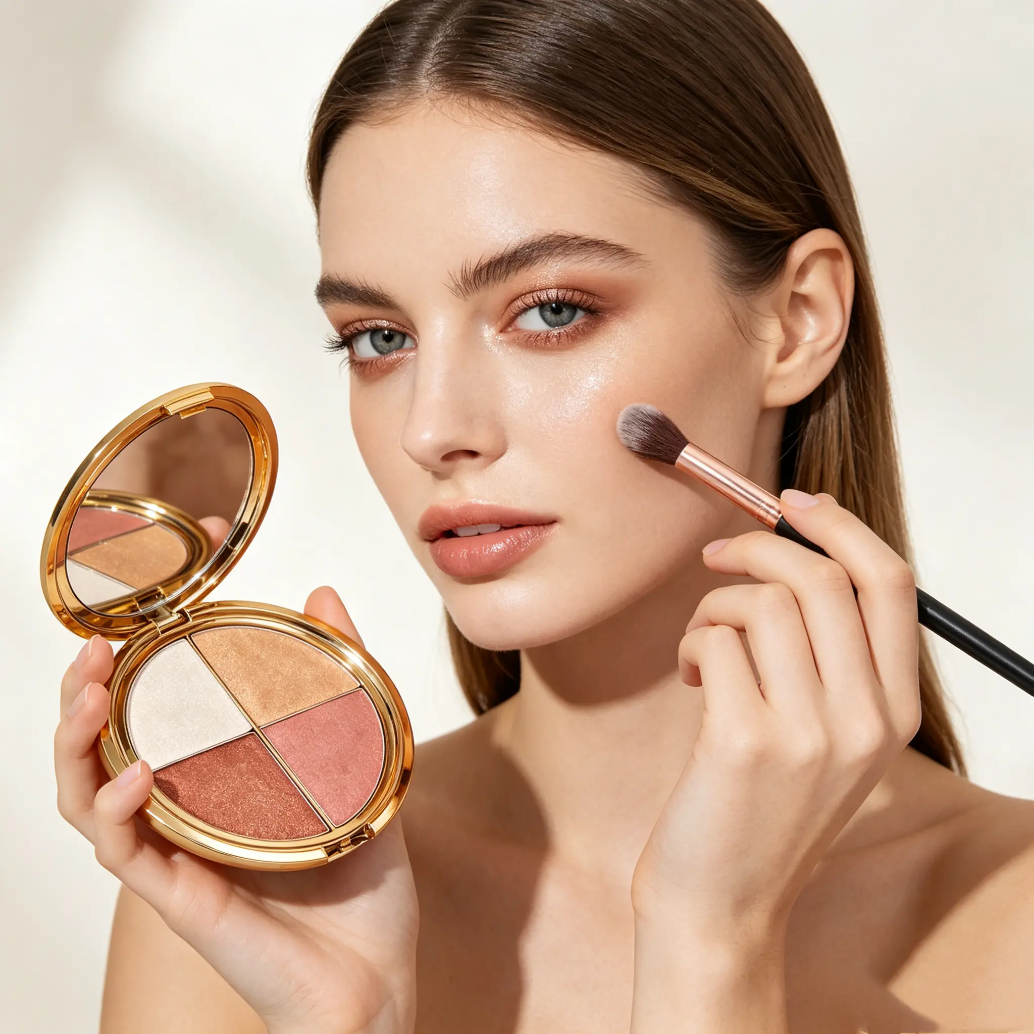 Women's Highlighter & CheekPaletteGlowjiuHighlighter&Cheek Palette with Brush, a 4-in-1Multi-FunctionalMakeupPalette forHighlighter,Eyeshadow,Blush, Contouring, andFoundation