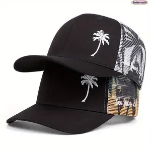 Unisex Coconut Embroidered Trucker Hat - Adjustable Flat Mesh Fabric, Cooling Breathable Ventilation, Beachy Embroidered Cotton Hat for Women, Tropical Summer Outdoor Accessory, Trucker Hats, Beachy Hats