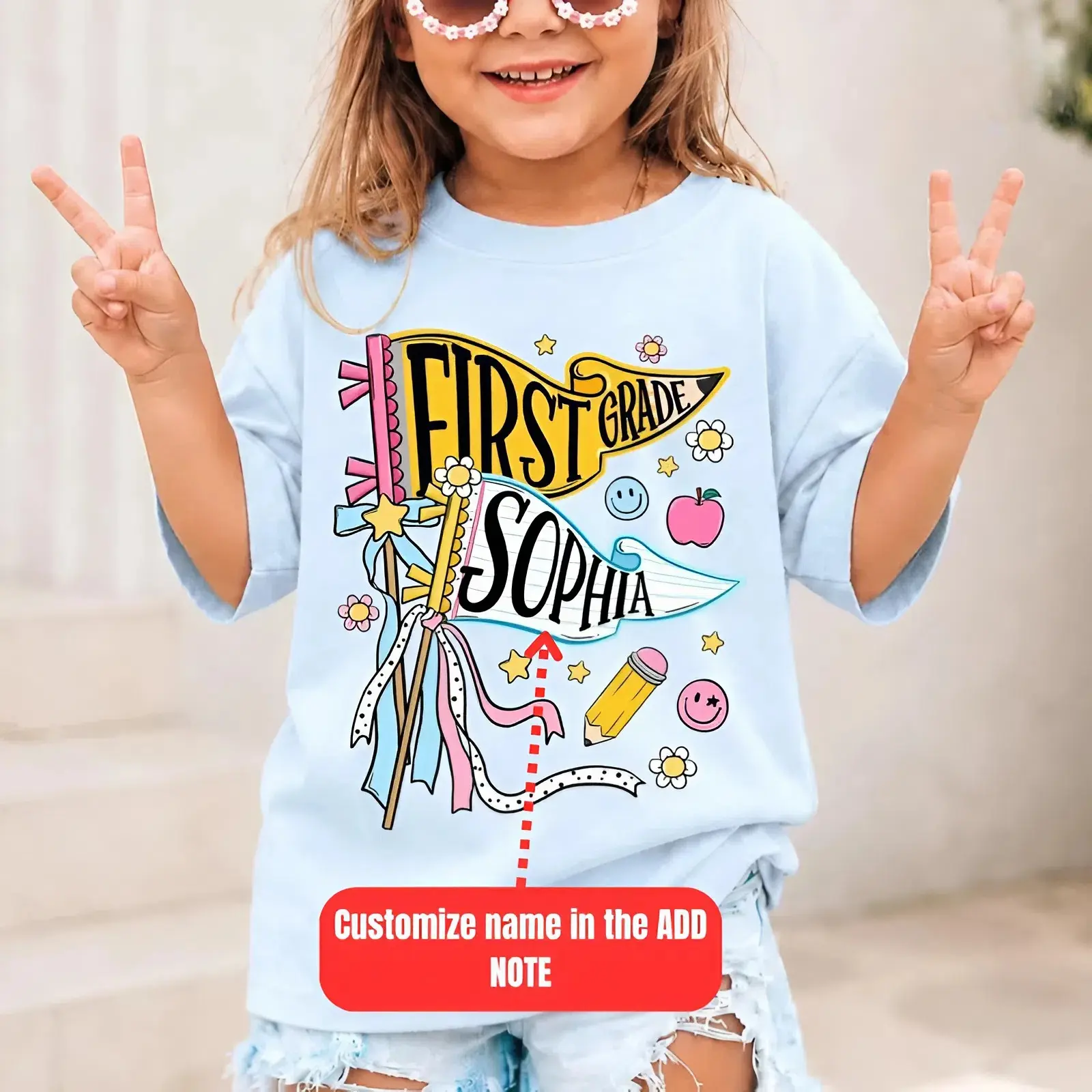 Personalized Pencil Back To School Youth Shirt, Custom Pennant Girl Shirt, Custom Any Grade Shirt, Pre-K Kindergarten First second third fourth fifth Grade Tee, back to school shirt, Youth clothing, gift for son and daughter