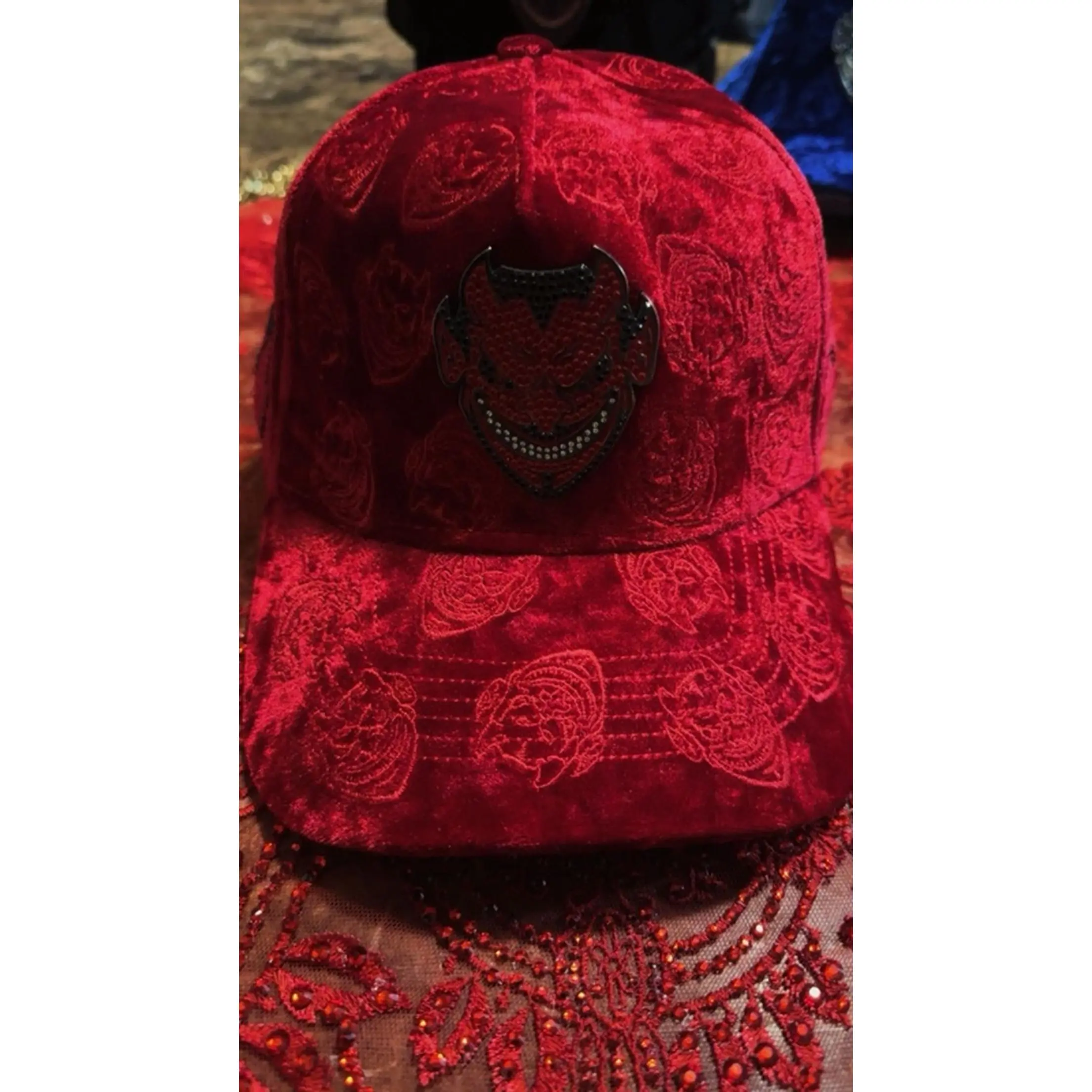 Diablo Suede Hat - Red Velvet Baseball Cap with Embroidered Design and Adjustable Strap