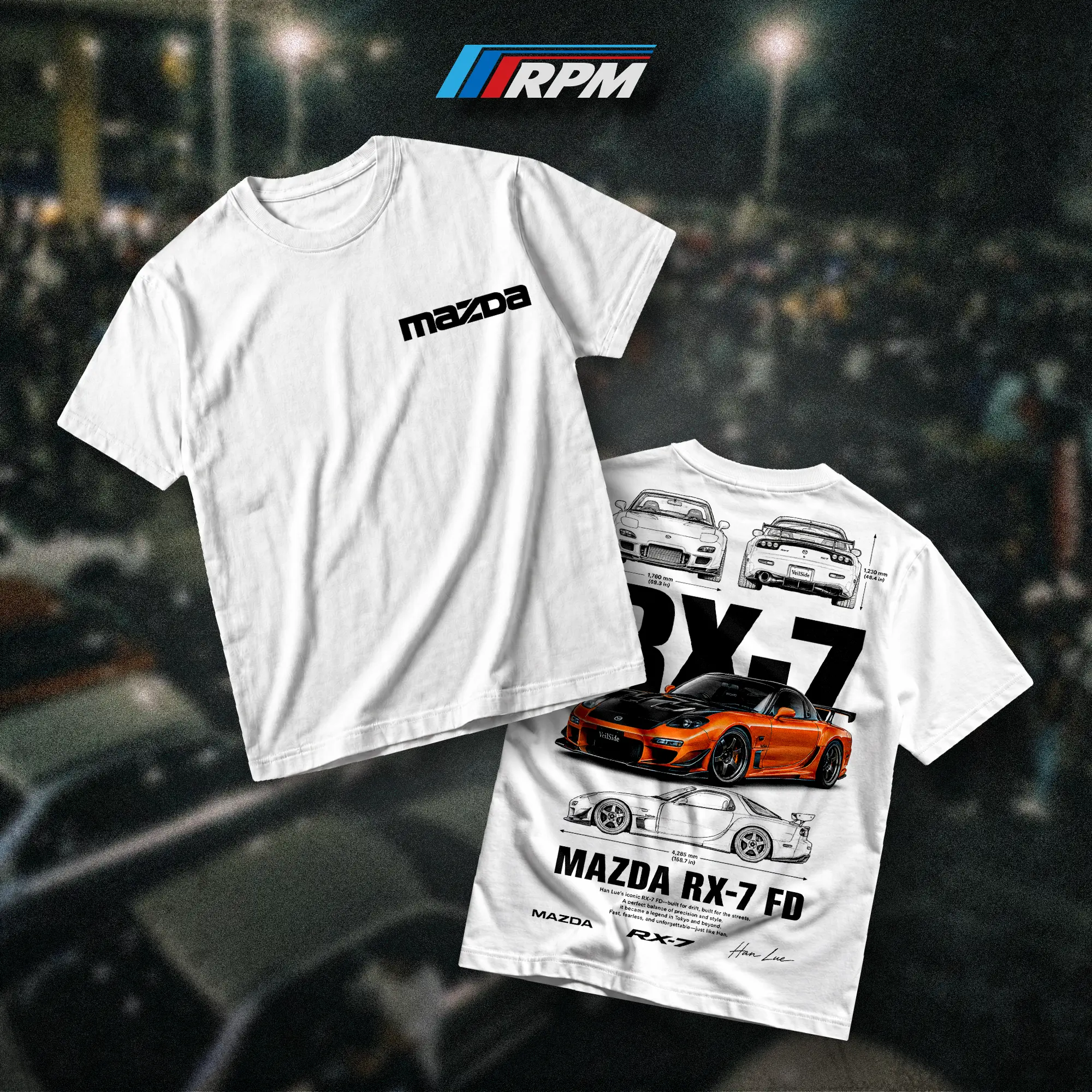 RPM Lab Mazda RX - 7 Han Lue Heavy Cotton T-Shirt Direct-To-Garment Breathable Printing Car Lover Hoodie Menswear Apparel Gift For Husband Gift For Men