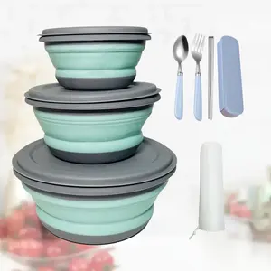 3 PCS Camping Bowl,Food Grade Silicone Collapsible Bowl Lunch Box Salad Bowl with Lid, Expandable Food Storage Containers Set with Free folding tableware and storage bag