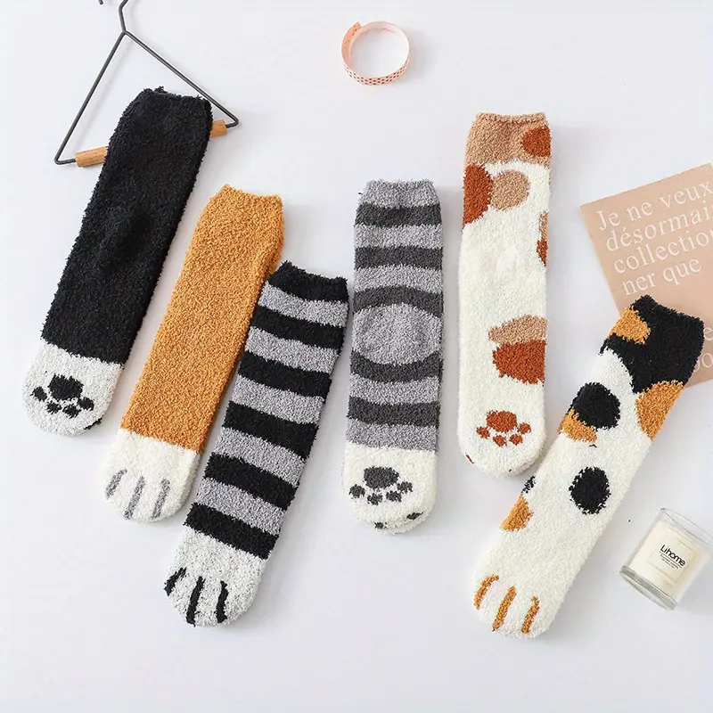 Women's 10-Pair Thick Coral Cloth Thermal Comfy Fluffy Cute Polyester Velvet Cat Paw Print Plush Slippers & Striped Stocking Floor Socks - Soft, Elastic, Breathable, Fit, Outdoor, Fall Winter School Wear, Elastic Bands, Wife Xmas Gifts, Funny, Mom