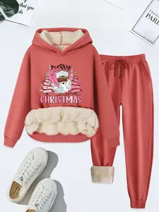 Women's Cartoon Santa Claus Print Thermal Lined Hoodie & Drawstring Waist Pants Two-piece Set, Casual Long Sleeve Hooded Sweatshirt & Pocket Trousers for Fall & Winter, Women's Clothes for Daily Wear