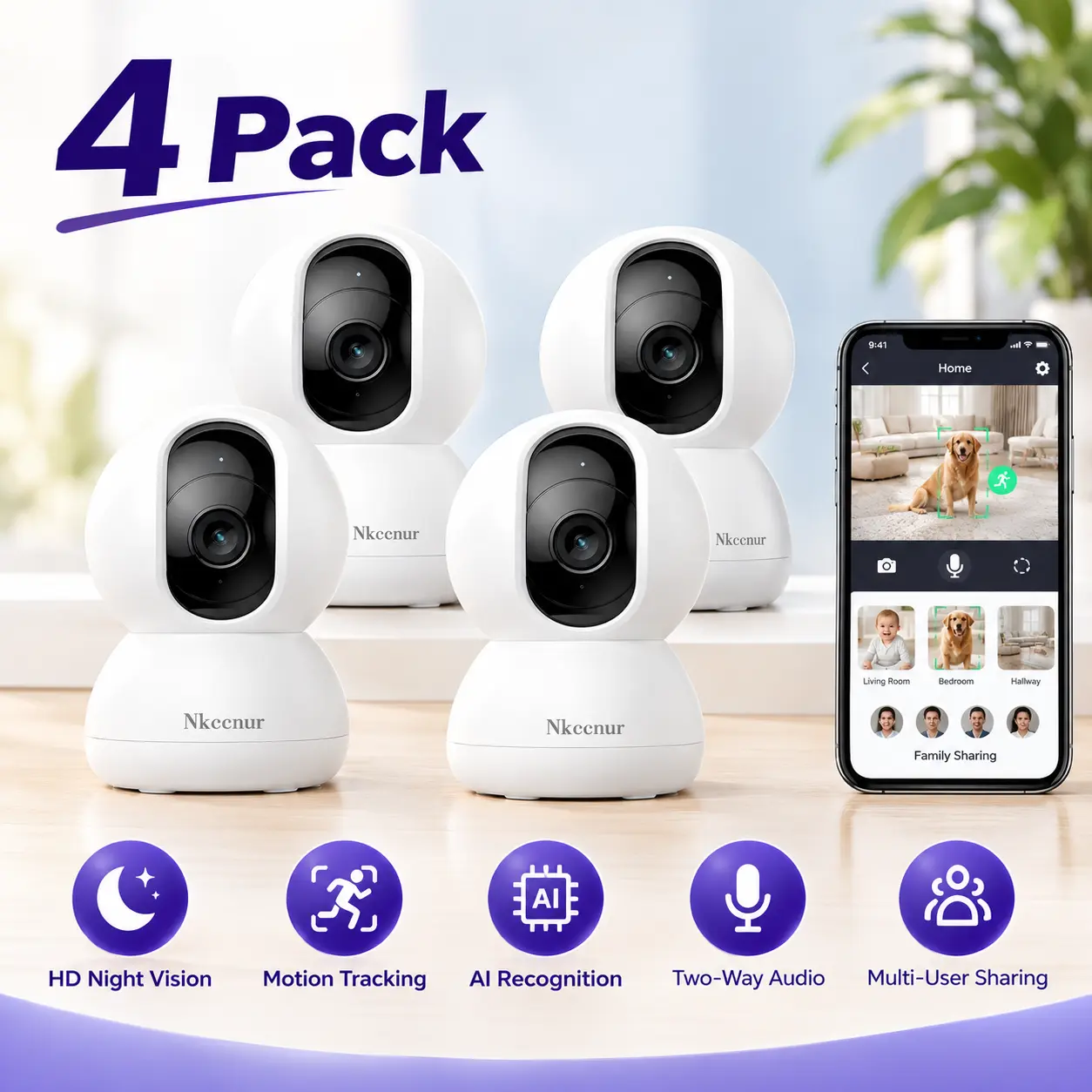 NKCCNUR 4pcs  WiFi  Cameras,  ,  Night Vision, Two-Way Audio,  Equipped with App Remote Viewing.