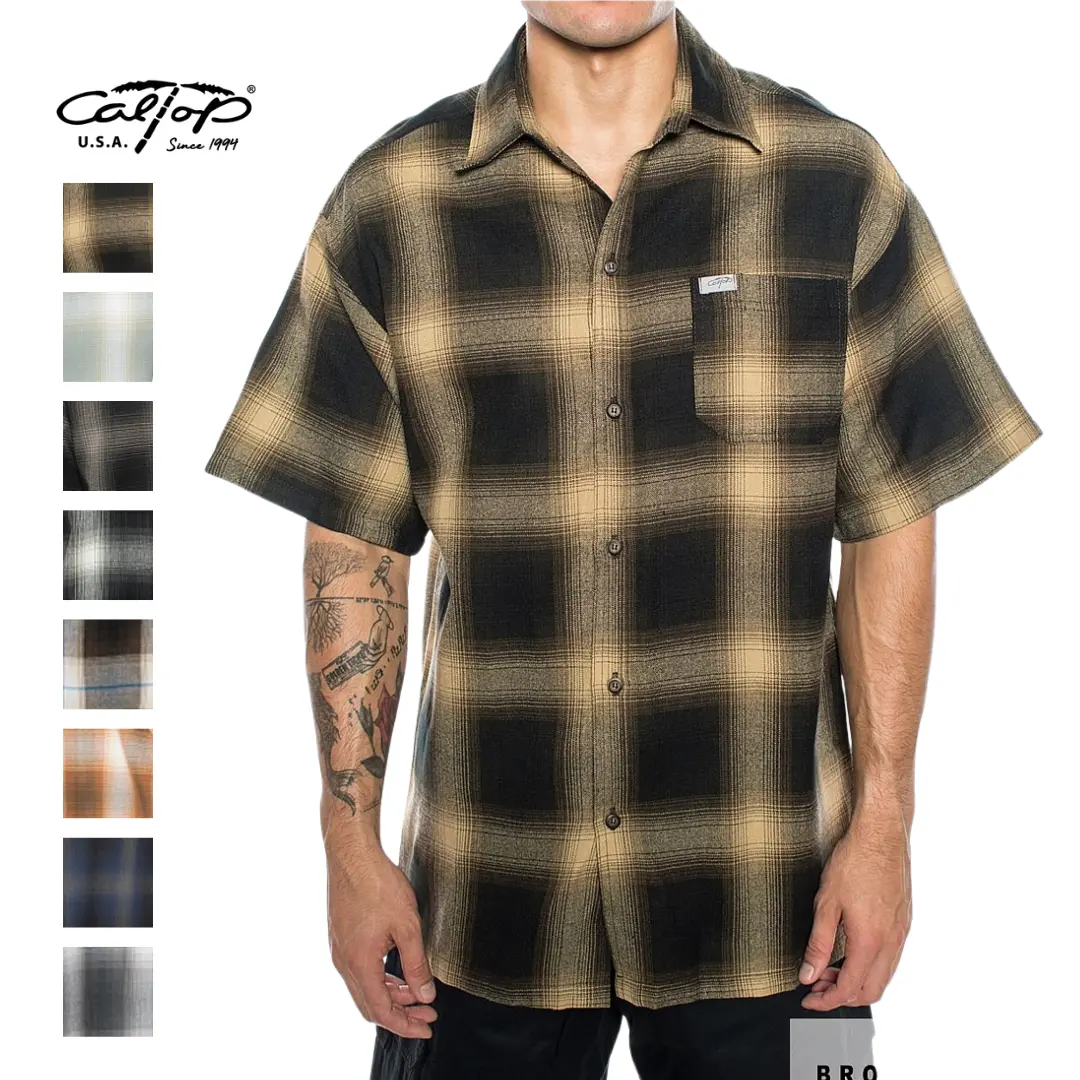 CALTOP Men's Classic Plaid Short Sleeve Shirt, Stylish Casual Button Down Top in 100% Acrylic, Sizes S-5XL, Menswear, Shortsleeve, Fashion, Plussize, Plaid Shirts, Checked, Black White Checkered Plaid Print Men's Casual Shirts