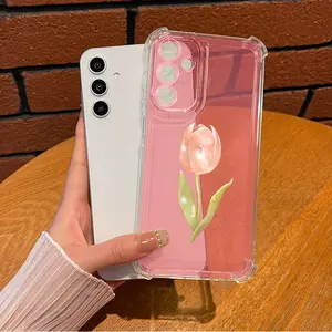 Pink Tulips Small Fresh Pattern Aesthetic TPU Casing For SAMSUNG GALAXY A14 A15 A16 A25 A26 A34 A35 A36 A53 A54 A55 A56 4G 5G Four Corners Transparent Soft Silicone TPU  Full Protection Anti-Drop Phone Cases Shell Cover L1308 Protective Smartphone
