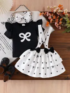 Baby Girl Sweet Cute Baby Clothing 3-Piece Set, Bow Print Flutter Sleeve Top, Polka Dot Strap Dress, Hairband Headband Included