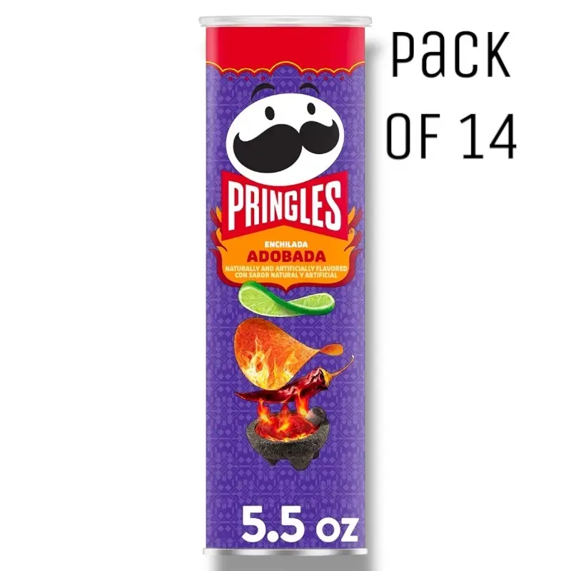 Pringles Crispy Salted Savory Potato Crisps - Ambient Lunch & On-the-Go Snacks, Enchilada Adobada Flavor, 5.5oz Can (14 Cans) with Milk-Pairing Compatibility