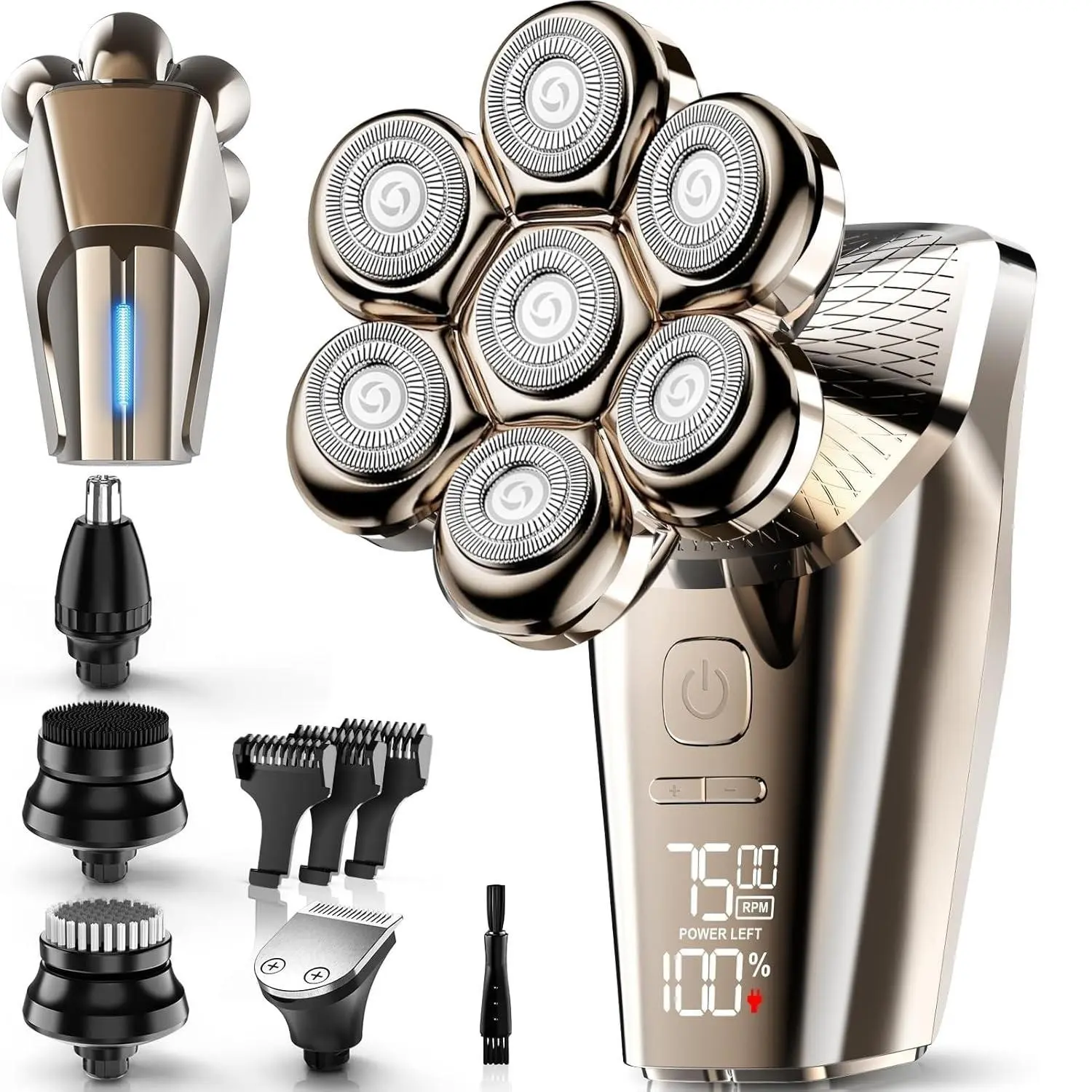 Men's 5-In-1 Electric Shaver Hair Removal Beauty Set, Shaving Tool, Rotating Shaver with 7D Blade, Wet/dry System, Beard Trimmer, Nose Hair Trimmer, Facial Brush, Massage Function
