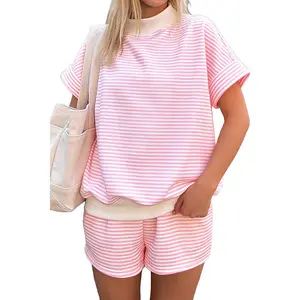 Women's Trendy Mock Neck Cuffed Short Sleeve 2 Piece Short Set Casual Summer Lounge Wear