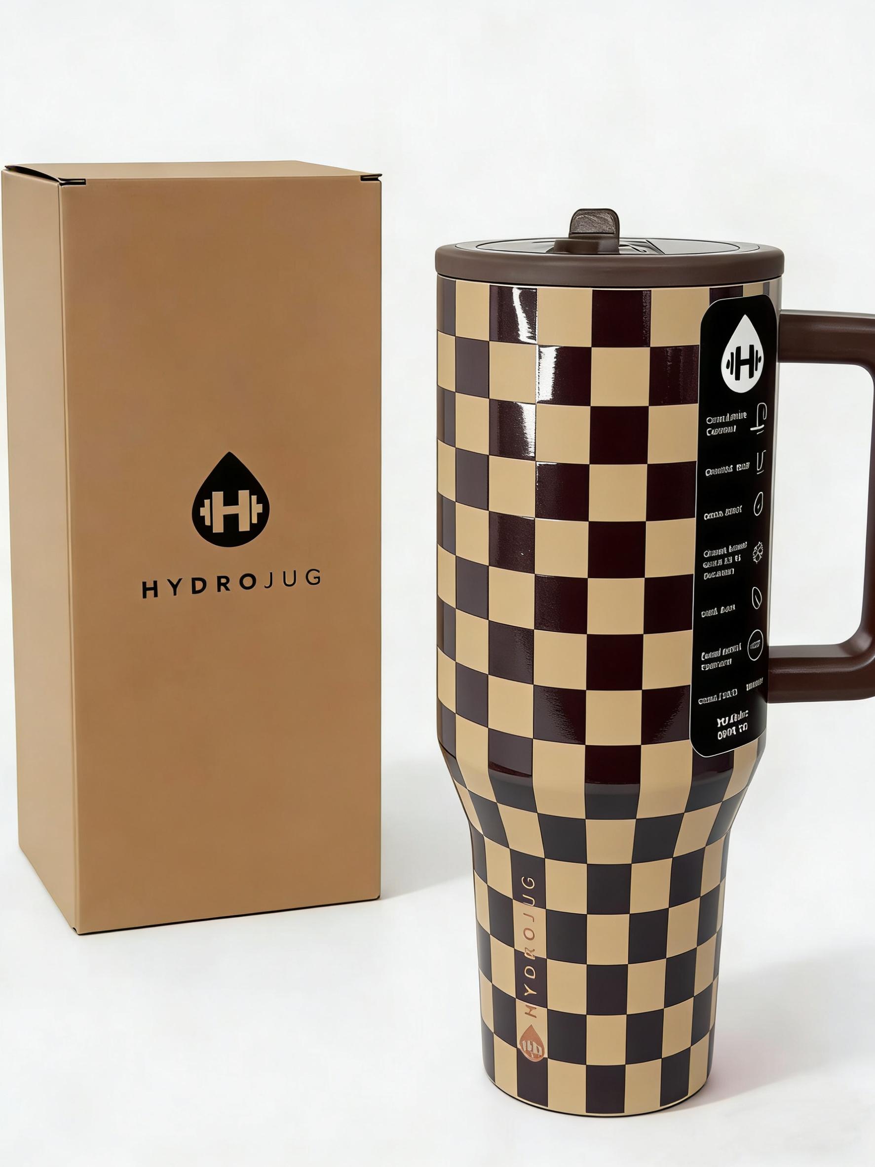 HydroJug 40oz Checkered Tumbler with Handle & Straw Autumn Checkers Design Triple-Wall Insulated Leakproof BPA Free Stainless Steel Cupholder Friendly Portable Drinkware for Iced Coffee & Smoothies - Bottled, Stylish
