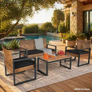 4-Piece Outdoor Furniture Set, Acacia Wood Table Top Patio Furniture, Modern Black and Light Brown Design for Balcony, Porch, Patio Furniture Sets Wicker Rattan Set