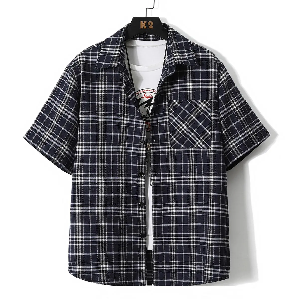 Men's Black and White Plaid Checked Collared Shortsleeve Button-Down Casual Shirt, Regular Fit, Breathable Fabric, Chest Pocket, Ideal for Casual Errands & Office Days, Casual Shirts