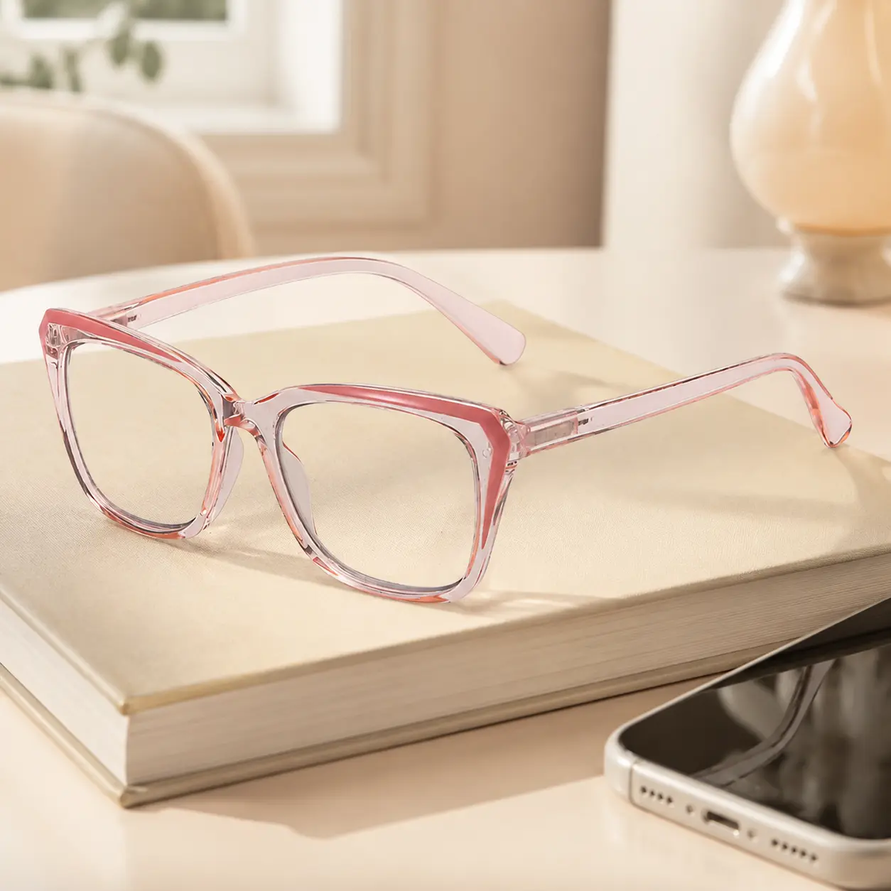 Progressive Photochromic Readers for Women, Pink Square Multifocal Reading Glasses for Books, Phone and Screen Use