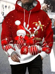 Men's Christmas Hoodies - Santa Hat and Reindeer Pattern Pullover Sweater, Red Holiday Sweater, Funny Graphic Sweatshirt for Christmas Party Wear, Casual Winter Clothing - Men's Clothing Gifts, Full Print Design