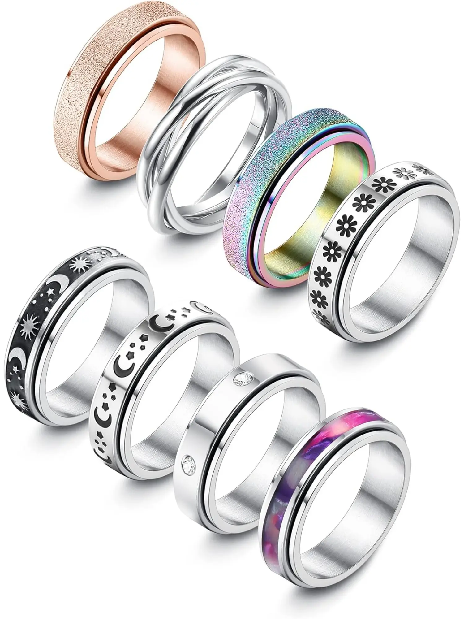 8Pcs Spinner Rings for Anxiety Relief Stainless Steel Rings for Women Men Anti Stress Band Rings Set Interlocked Stackable Rings Fidget Rings for Anxiety for Daily & Holiday Wear & All Season Stacking Rings Stress Relief Jewelry