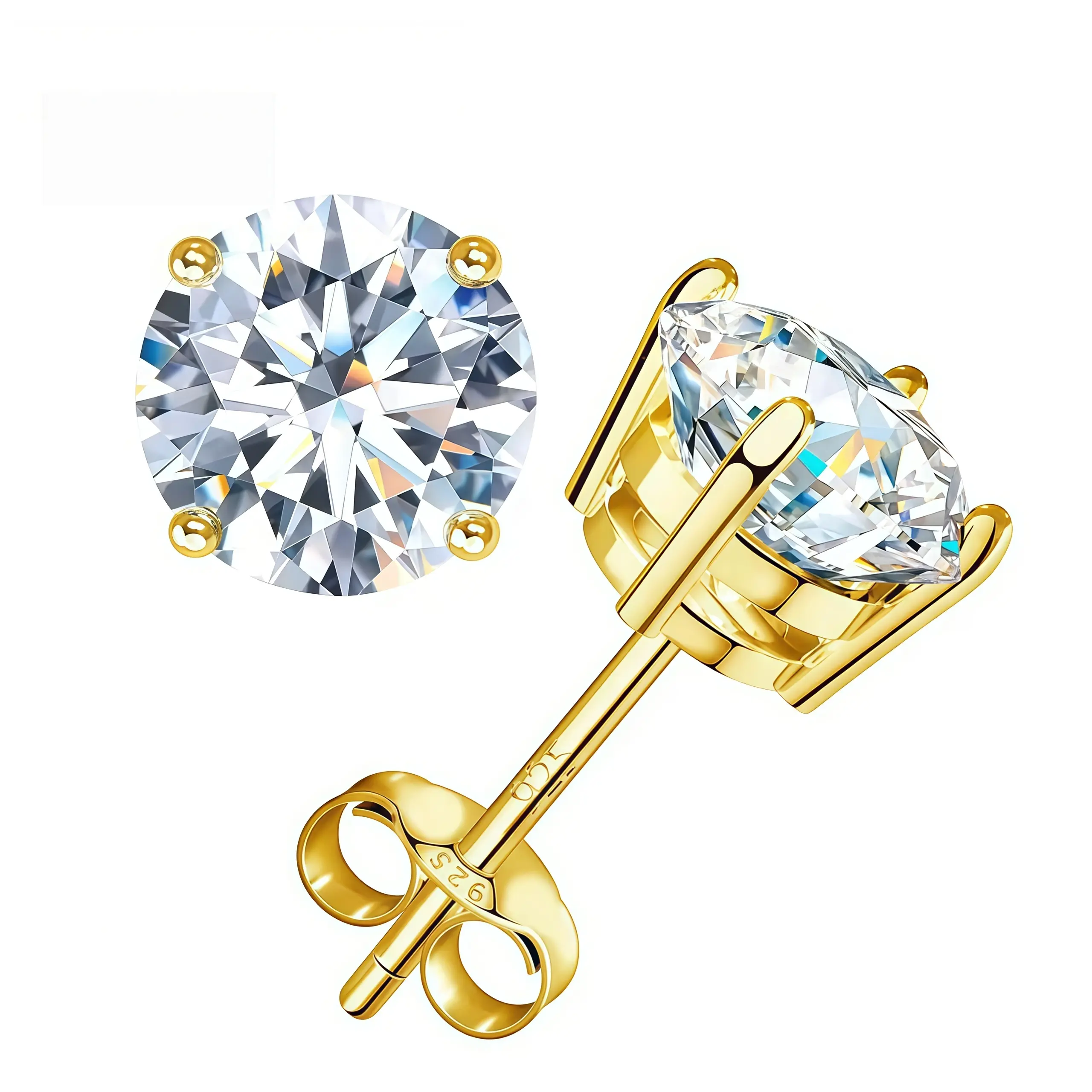 【2026 TREND ALERT】18k Gold-Plated 4-Prong Round Lab-Created Moissanite Stud Earrings, S925 Sterling Silver/Copper Base, Unisex Artificial Gemstone Jewelry, Birthday Wedding Engagement Daily Gift