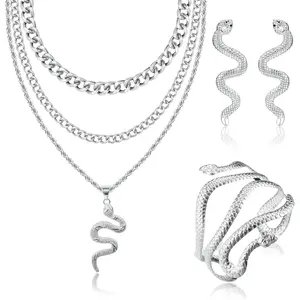 FINREZIO 4Pcs Snake Jewelry Set for Women Snake Dangle Earrings Snake Layered Necklace Snake Arm Cuff Bracelet Vintage Statement Snake Earrings Halloween Animal Jewelry Gift Pendant Chains non tarnish jewelry earrings women vintage jewelry