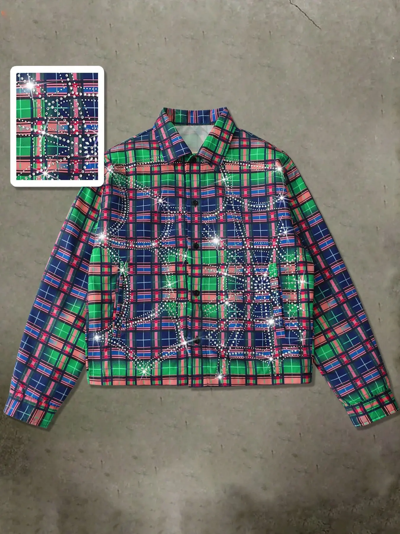 Unisex Rhinestone Graphic Long Sleeve Shirt, Casual Loose Comfort Button-Up, Fashionable Street Style, High Quality Short Sleeve Jacket, Casual Fashion Top, Casual Plaid Shirt, Casual Button Down, Casual Fashion Wear