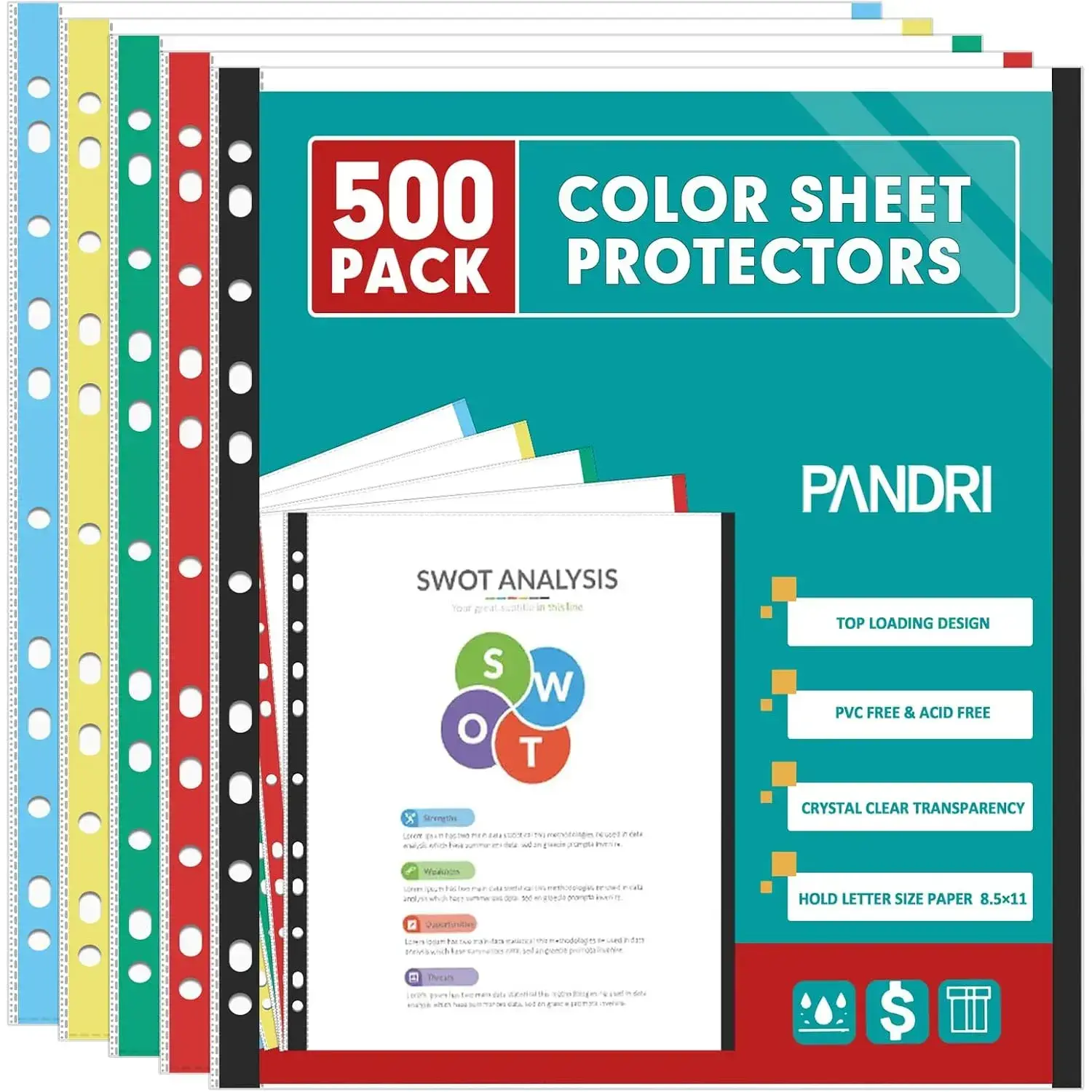 Polypropylene Color Heavy Duty Plastic Sheet Protectors, 500-Pack, 11-Hole Reinforced Top-Loaded for 3-Ring Binders, 9.25x11" Size Fits 8.5x11 Paper, Acid-Free, PVC-Free, High Def, Document Safe, Wear-Tear Resistant, Home/Office Frequent Daily Use