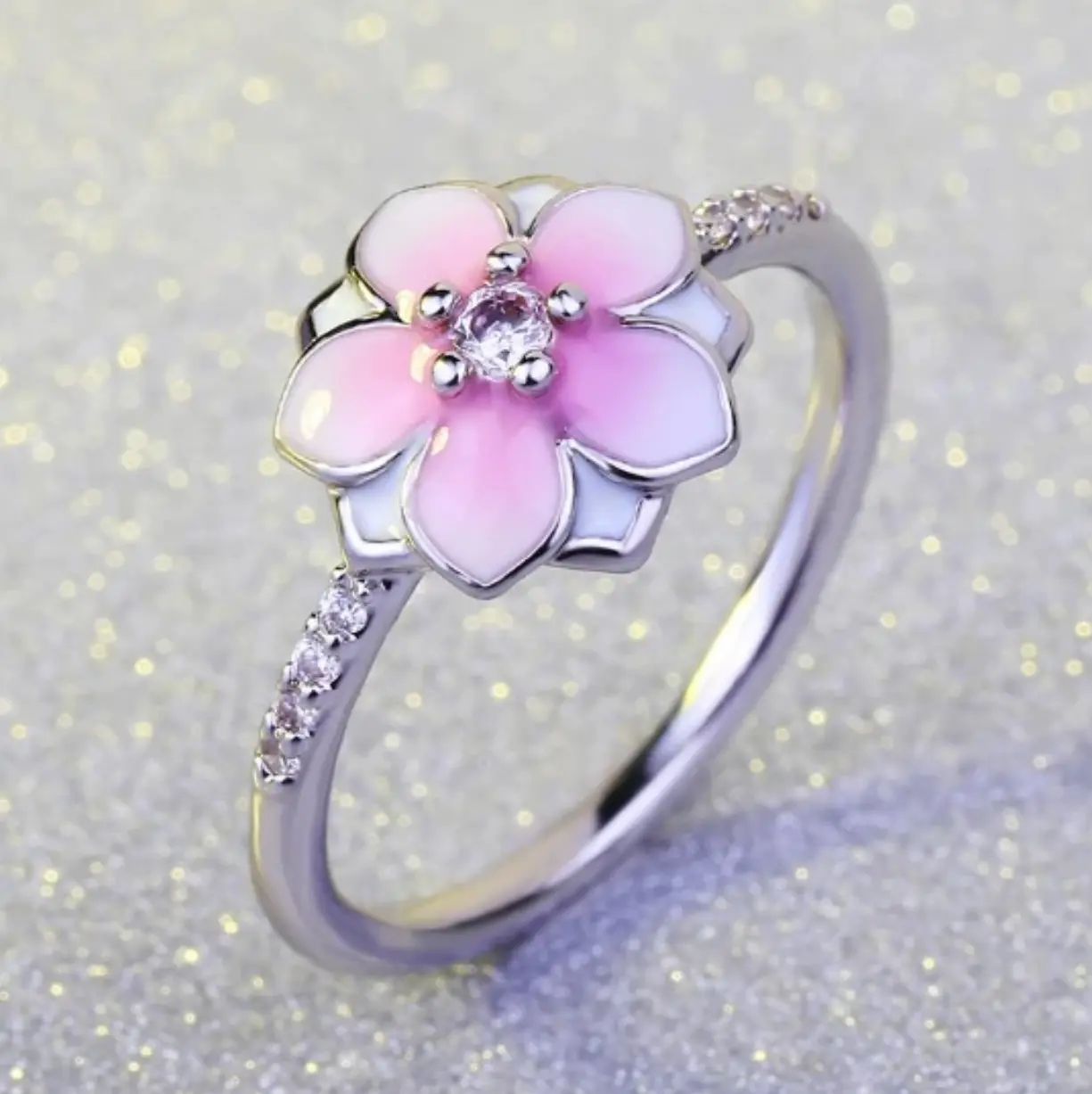 Genuine S925 Sterling Silver Pink Daisy Enamel Ring (Size 5, 7)