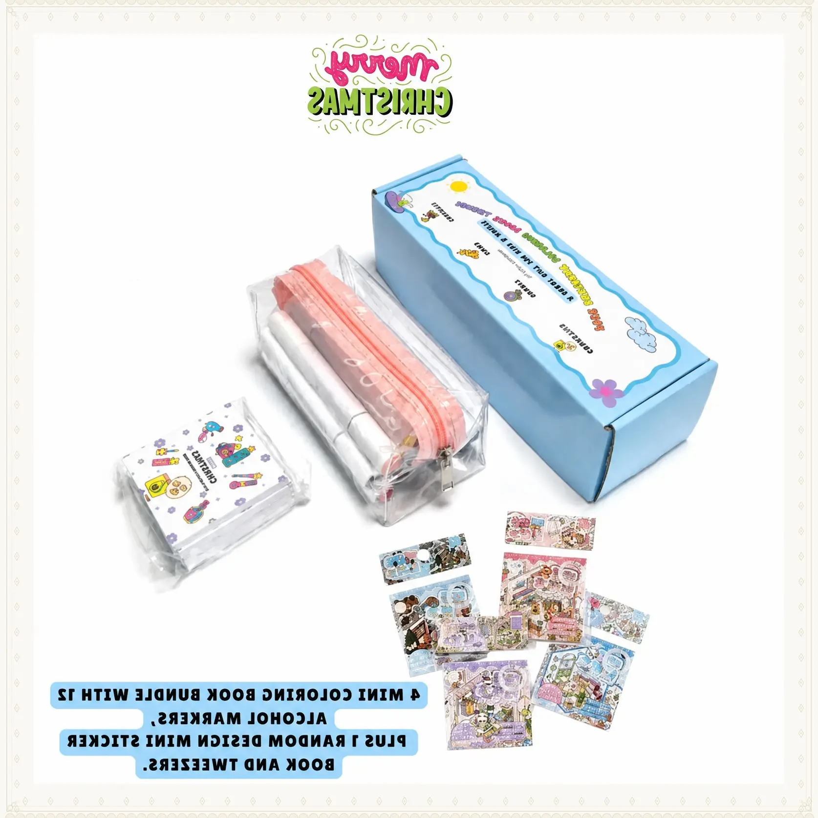 Summer Spring Gift Cozy Coloring BEST GIFT 4 Mini Coloring Books Bundle with 12 Markers & Stickers for Kids & Adults 3x3 Inches Pocket Size Stress Relief Creative Relaxation