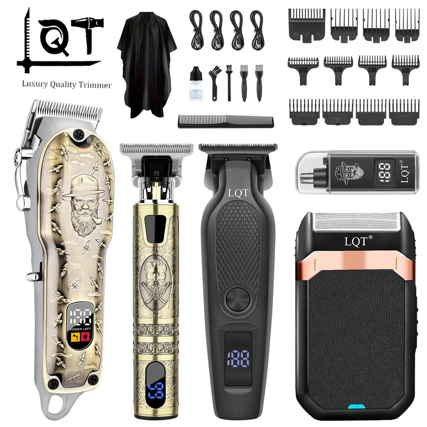 LQT 5-in-1 Vintage Engraved Professional Hair Clipper Set for Men, Barber Grooming Kit with Main Clipper, T-Blade Trimmer, Detail Trimmer, Electric Shaver & Nose Hair Trimmer, Cordless LED Display, Full Hair Cutting Kit for Home & Barbershop campingessent
