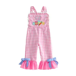 Babamoon Kids Baby Girls Overalls Jumpsuit Plaid Bows Embroidery Flare Pants Romper Jumpsuit Easter Clothes 6M-5Y