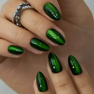 CurvLife Press-On Gel Nails, Short Almond Green Cat-Eye Design, Glossy Finish, Long-Lasting Up To 2 Weeks, Nail Art Decoration Accessory