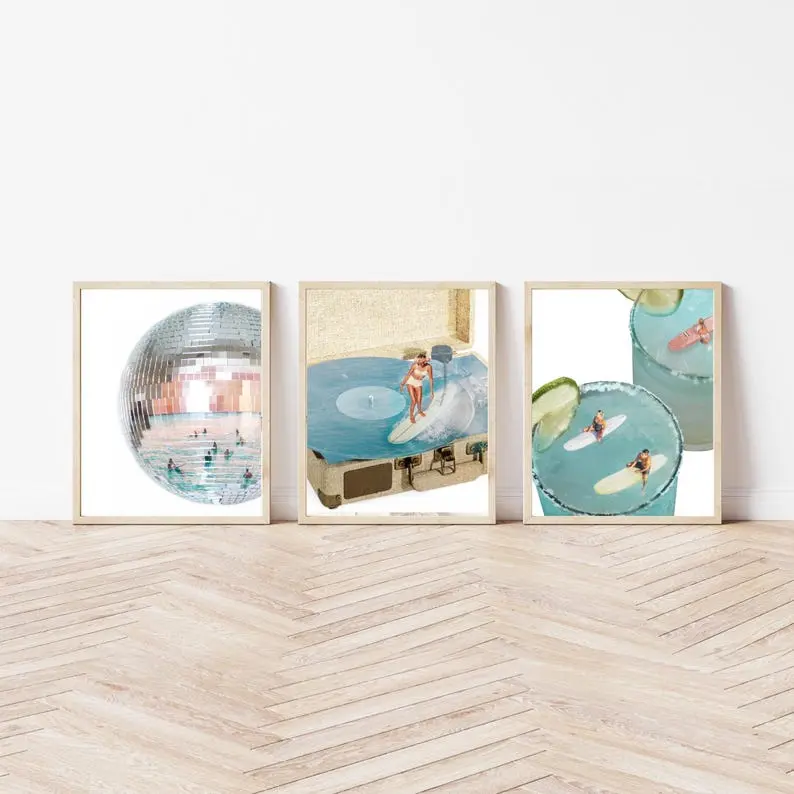 Coastal Groove Blue,  Set of 3 Printable Wall Art,  disco beach surf print, retro summer trendy coastal aesthetic beach funky collage