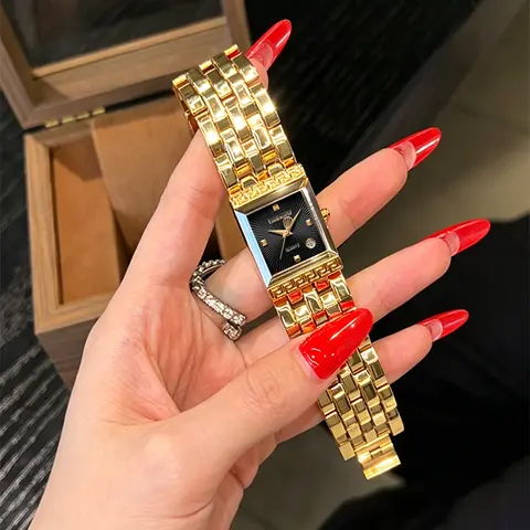 Trending Vintage Gold Greek Key Rectangle Watch for Women Luxury Retro Quartz Wristwatch with Date Elegant Red Black Sunburst Dial Aesthetic Jewelry Gift Trendy Fashion Accessories