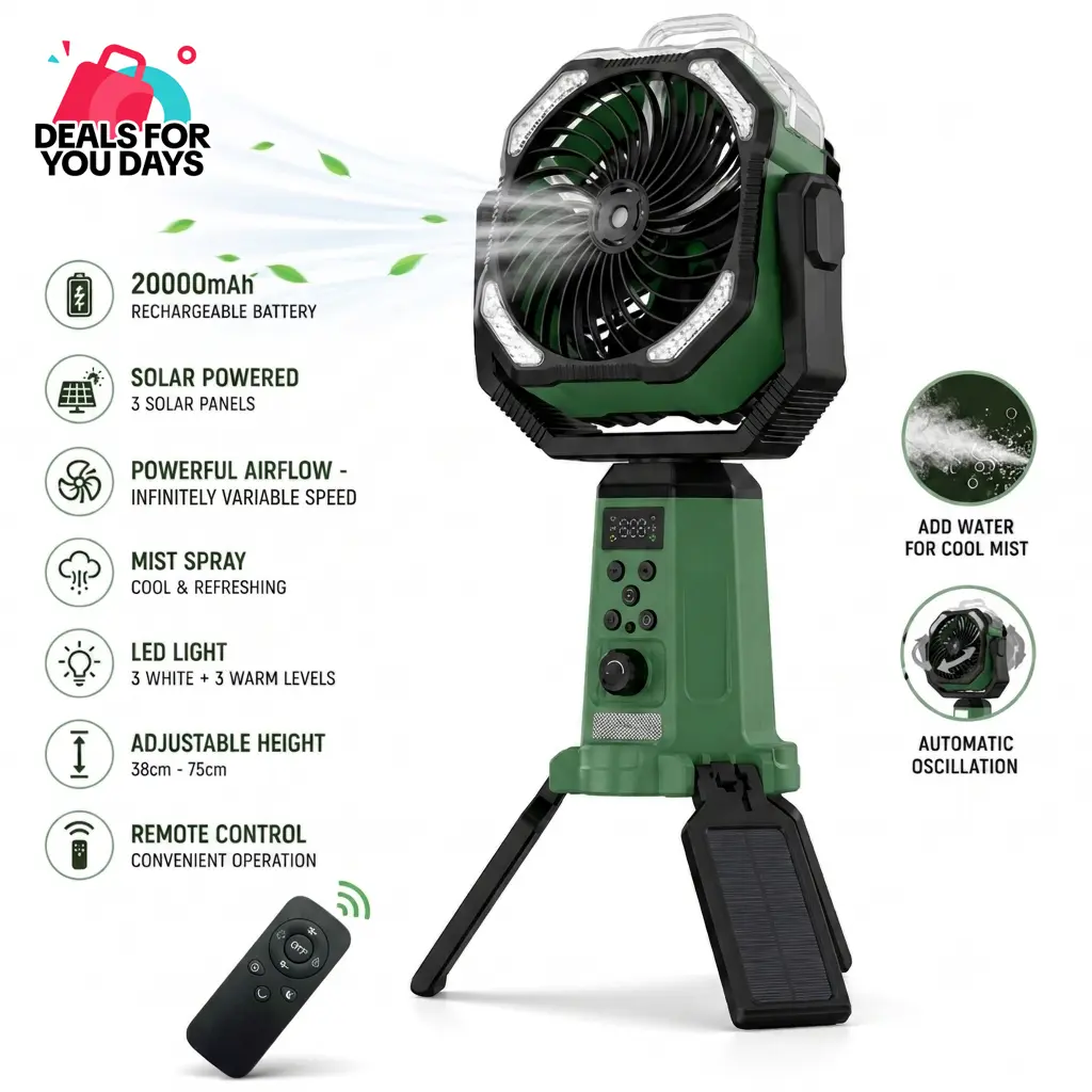 Solar Camping Fan with Mist, 20000mAh Rechargeable Battery Powered Outdoor Fan with LED Light & Remote Control, Oscillating Portable Fan with Tripod Stand for Camping, Tent, Patio, Power Outage
