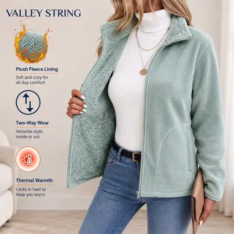 Women’s fleece-lined jacket, casual warm top with a stand collar and full zipper design; a warm outerwear piece that can also be worn on both sides in cold weather, suitable for outdoor hiking, everyday workouts, street photography, walks, and travel.