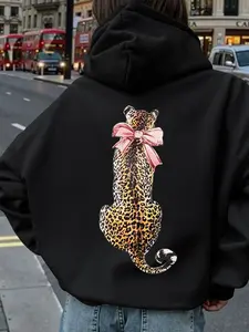 Women's Bow Leopard Print Drawstring Graphic Hoodie, Large Pocket, Comfortable Fall & Winter Top, Soft Fabric, Casual Daily Wear