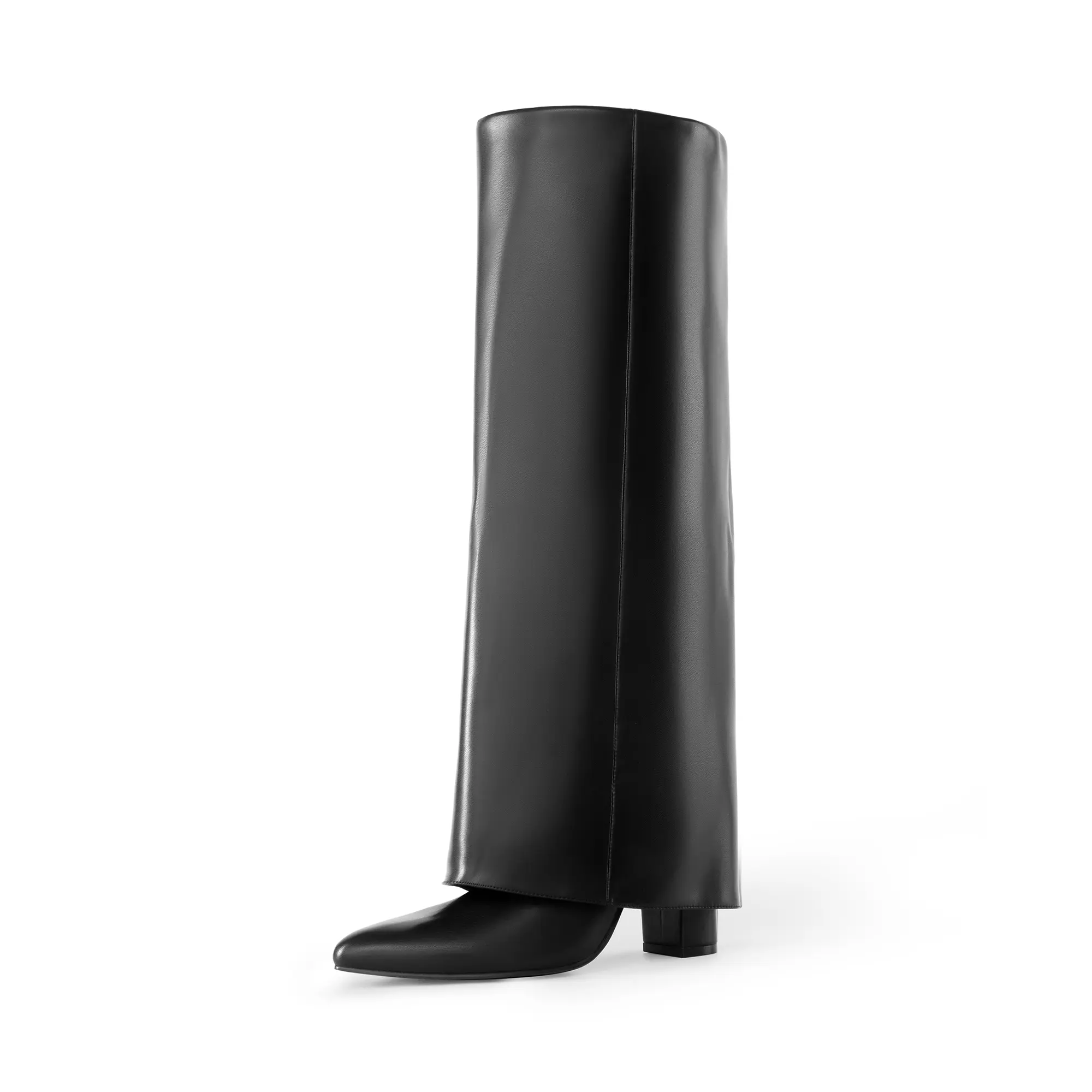 Dream Pairs Women's Fold-Over Knee-High Boots - PU Leather, Pointed Toe, Chunky Heel, Side Zip, 4mm Latex Cushioned Insole, Party Chunky Shoes, Casual Footwear
