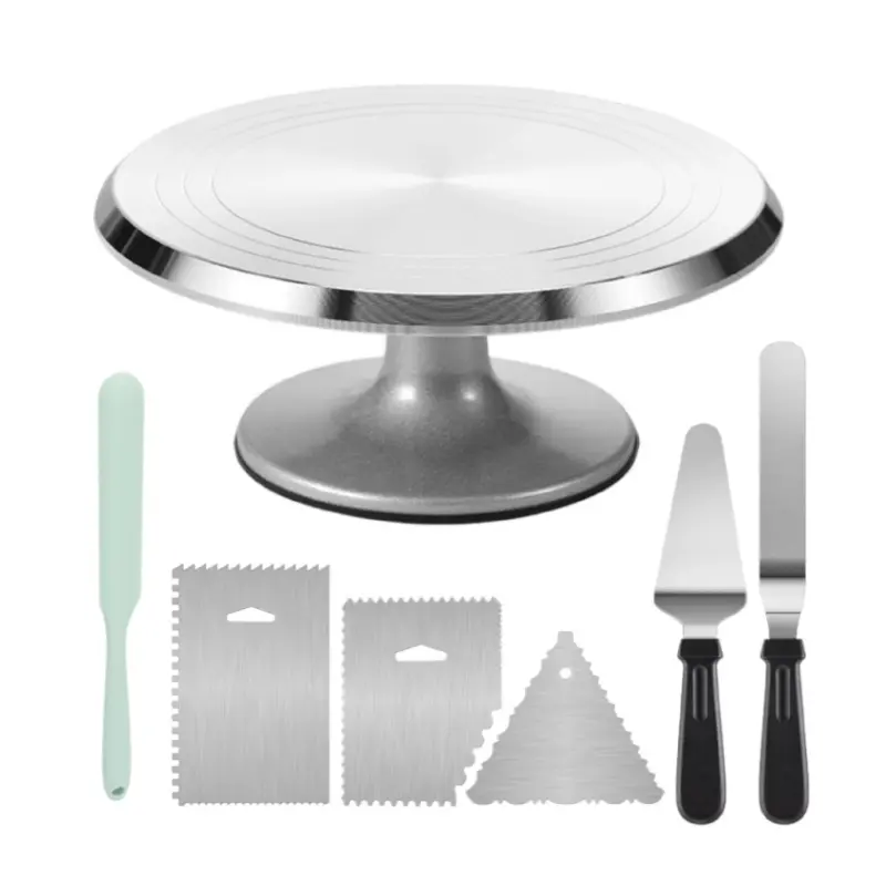 7 pieces aluminum cake turntable set package - including turntable, scraper, spatula, suitable for baking enthusiasts, suitable for making birthday cakes, wedding cakes