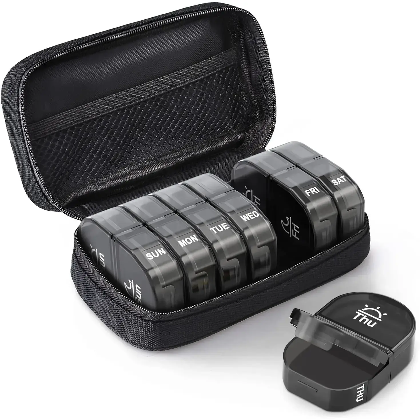 Canvas Bag Travel Pill Organizer 2 Times a Day, Large AM/PM Weekly Pill Box 7 Day Pill Case with Portable Black Zipper Cloth Bag for Holding Supplements, Vitamins and Fish Oils