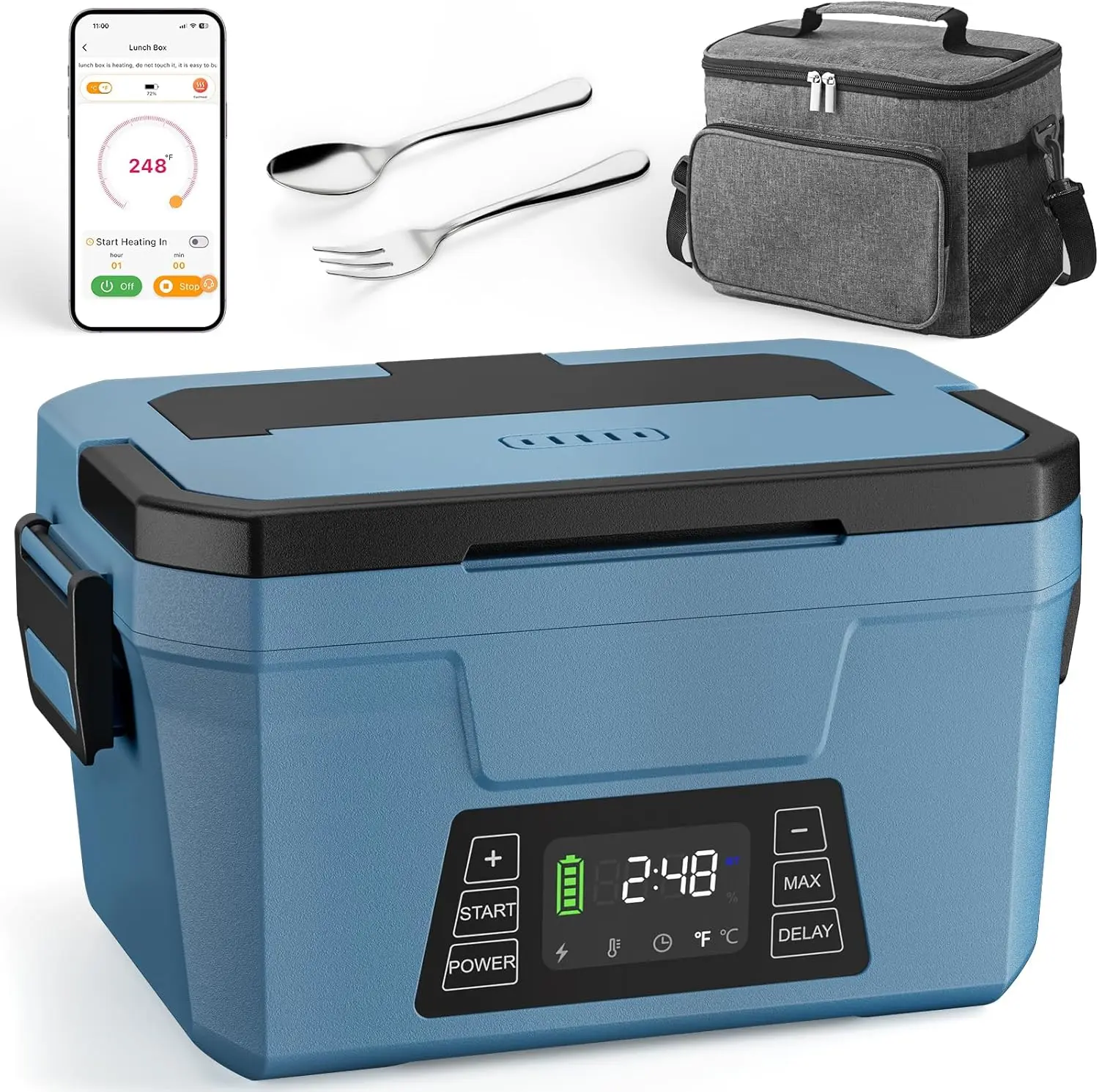 WisaKey Cordless Electric Lunch Box with APP Control & Detachable Battery, Portable Food Warmer 248℉ Timer Self-Heating for Work Travel Outdoor
