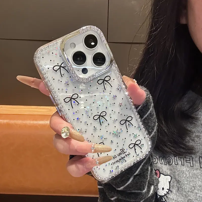 Polka Dot Bow Luxury Rhinestone Fashion Phone Case, Transparent Glitter Star Bumper Anti-Drop Case, Suitable for iPhone 17 Pro Max 17 Air 16 15 14 Plus 13 12  Protective Cover, Christmas Gift, New Year Gift, Easter Gift, Halloween Gift, for Friends