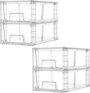 4 Pack Stackable Drawers,Clear Acrylic Drawer Organizers with Handles, Assemble for Fridge,,Undersink,Cabinet,Pantry Organization and