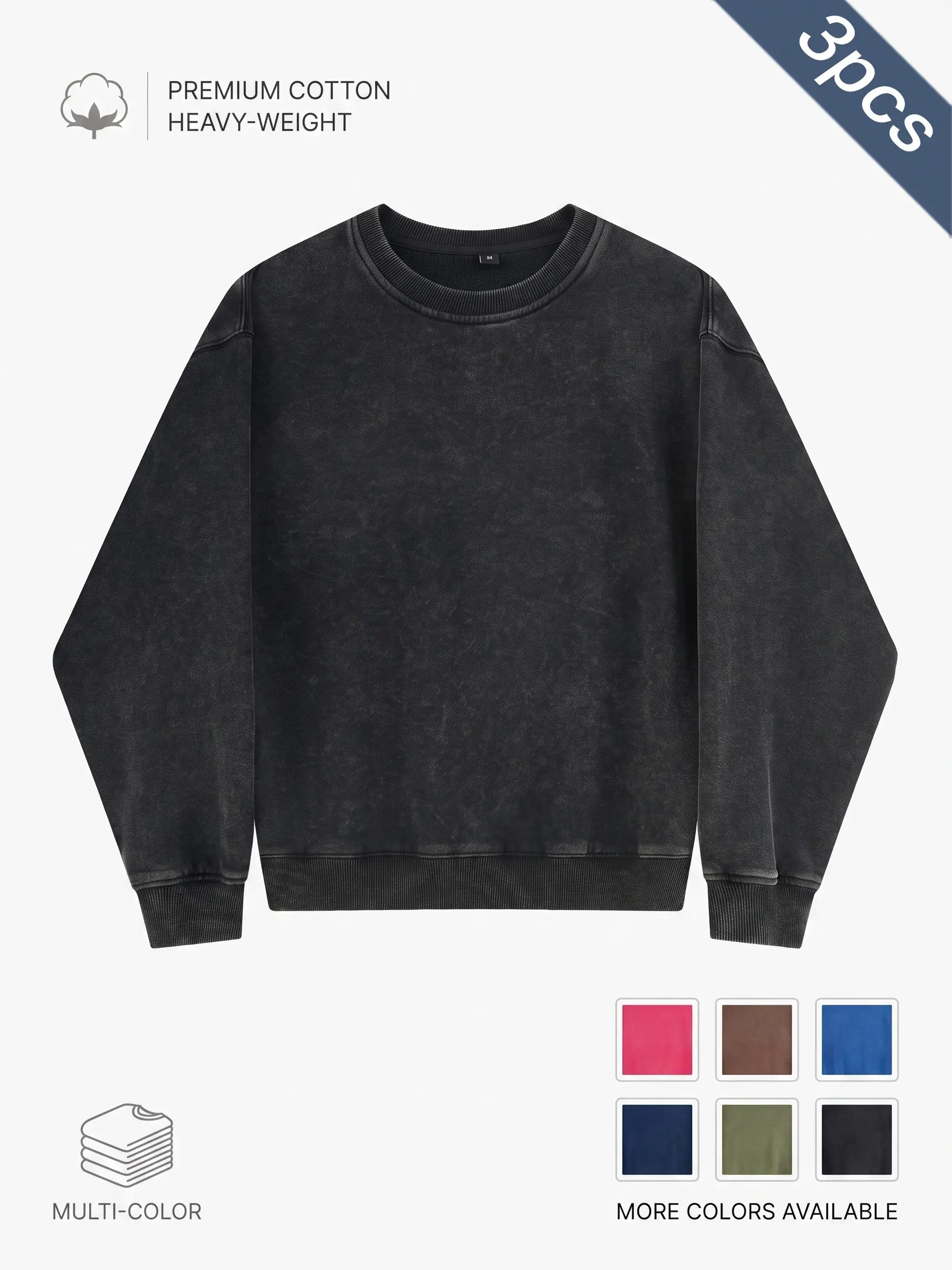 3Pcs Men Heavyweight Washed Crew Neck Sweatshirt, Premium Cotton Vintage Long Sleeve Tops, Loose Fit Basic Streetwear Shirts for Daily Walking and Outdoor Leisure