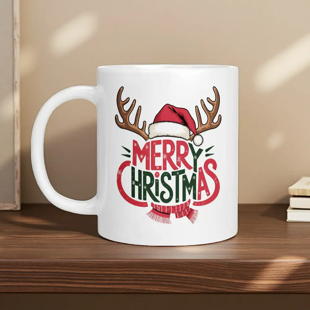 Merry Christmas Reindeer Antlers Santa Hat Ceramic Coffee Mug, 11oz Holiday Xmas Gift Cup For Family Friends