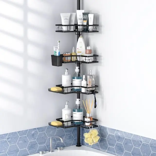 TINANA Shower Caddy with Tension Pole: 4 Tier Adjustable L-shaped Corner Shower Organizer for Bath Essentials, 43.5 to 120 Inch, Black